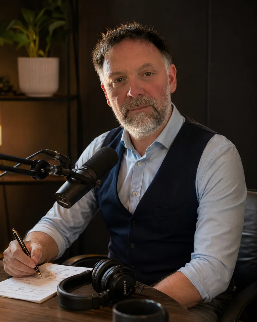 Lars working at a desk with notes