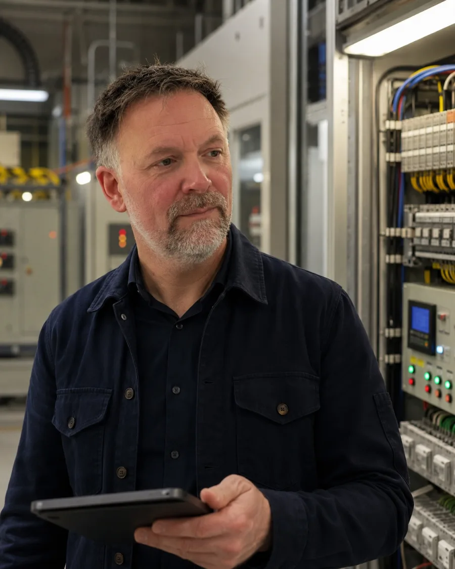 Lars holding a tablet beside an industrial control cabinet